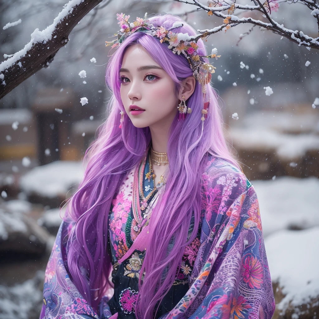 Snow hoop exclusion area 32K（tmasterpiece，k hd，hyper HD，32K）Long flowing purple-pink hair，Autumn Pond，zydink， a color， Tongzhou people （Girl with glowing eyes）， （Thin silk scarf）， Side squat position， looking at the ground， long whitr hair， Floating hair， Python headdress， Chinese long-sleeved clothing， （abstract ink splash：1.2）， white backgrounid，Lotus protector（realisticlying：1.4），Purple-pink hair，Snowflakes fluttering，The background is pure， A high resolution， the detail， RAW photogr， Sharp Re， Nikon D850 Film Stock Photo by Jefferies Lee 4 Kodak Portra 400 Camera F1.6 shots, Rich colors, ultra-realistic vivid textures, Dramatic lighting, Unreal Engine Art Station Trend, cinestir 800，Long flowing purple-pink hair