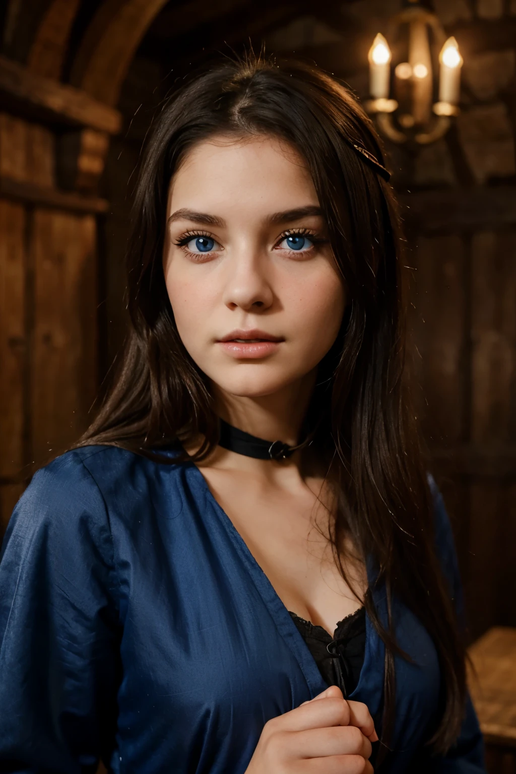 young girl with blue eyes and dark hair, narrow chin and perky look, medieval style