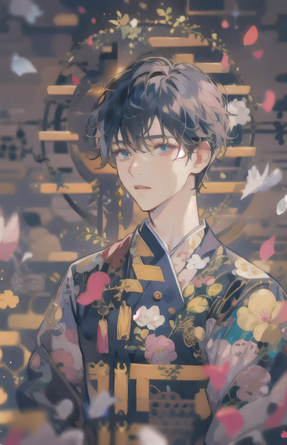 ((highest quality)), ((masterpiece)), (Get used to it), Perfect Face , A sharp face , Adult male , 27 years old , Dark blue short hair , Japanese clothing ,