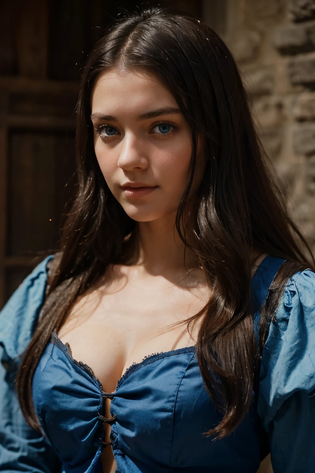 young girl with blue eyes and dark hair, narrow chin and perky look, medieval style