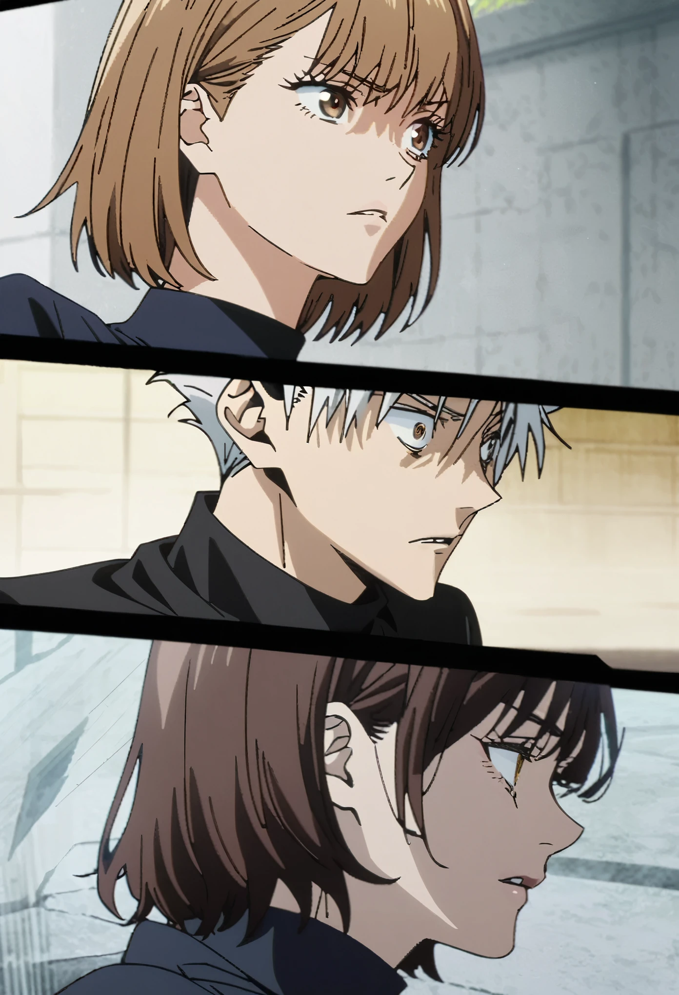 Jujutsu kaisen scene of a female with wavy brown hair and brown eyes. She is wearing jujutsu kaisen dark blue jujutsu sorcerer uniform full dark blue turtleneck. She back is to a tall man with messy white hair with jujutsu kaisen dark blue jujutsu sorcerer uniform full dark blue turtleneck with small yellow spiral buttons. She is disappointed face. JUJUTSU KAISEN ART STYLE SCREENCAP.