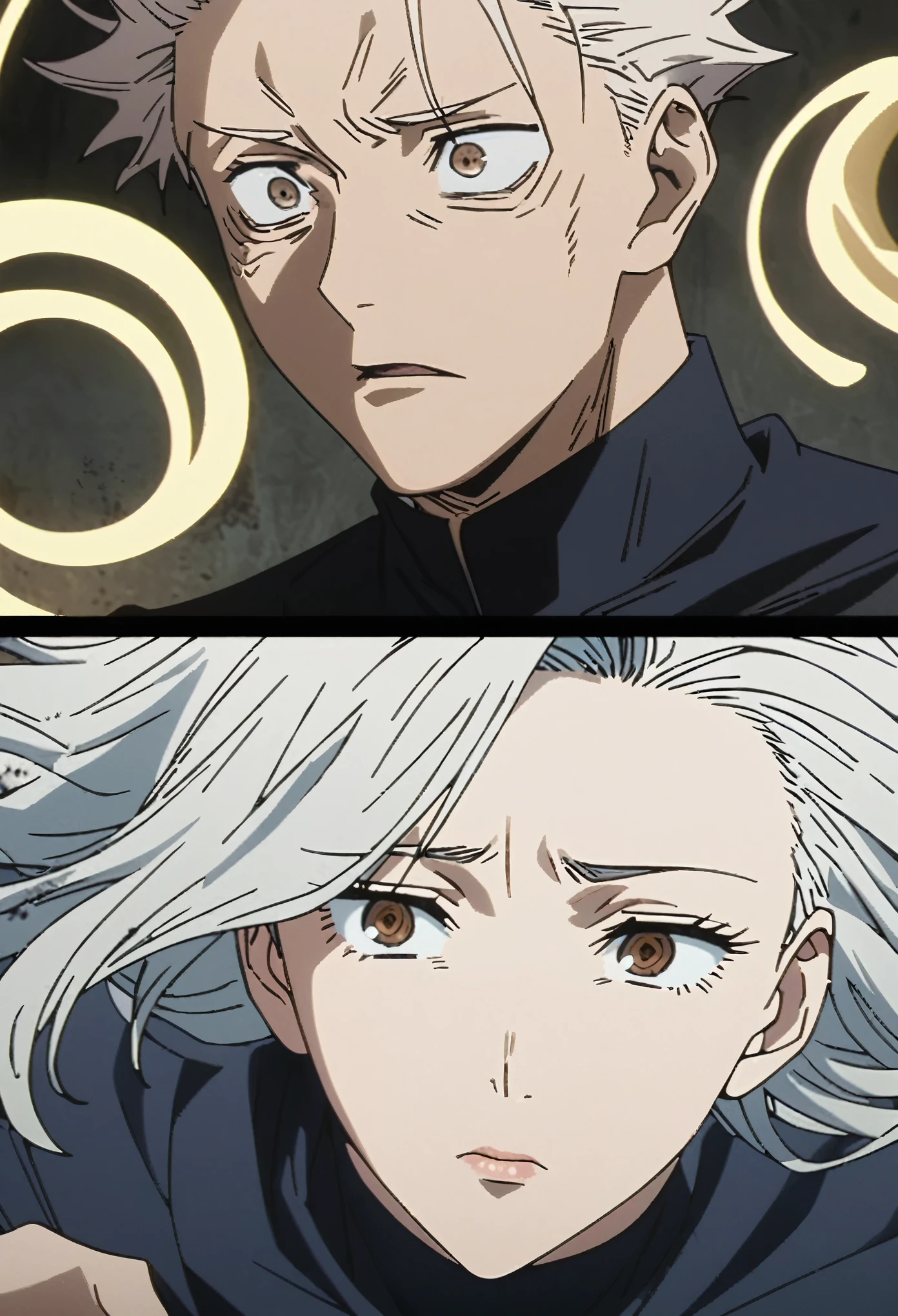 Jujutsu kaisen scene of a female with wavy brown hair and brown eyes. She is wearing jujutsu kaisen dark blue jujutsu sorcerer uniform full dark blue turtleneck. She back is to a tall man with messy white hair with jujutsu kaisen dark blue jujutsu sorcerer uniform full dark blue turtleneck with small yellow spiral buttons. She is disappointed face. JUJUTSU KAISEN ART STYLE SCREENCAP.
