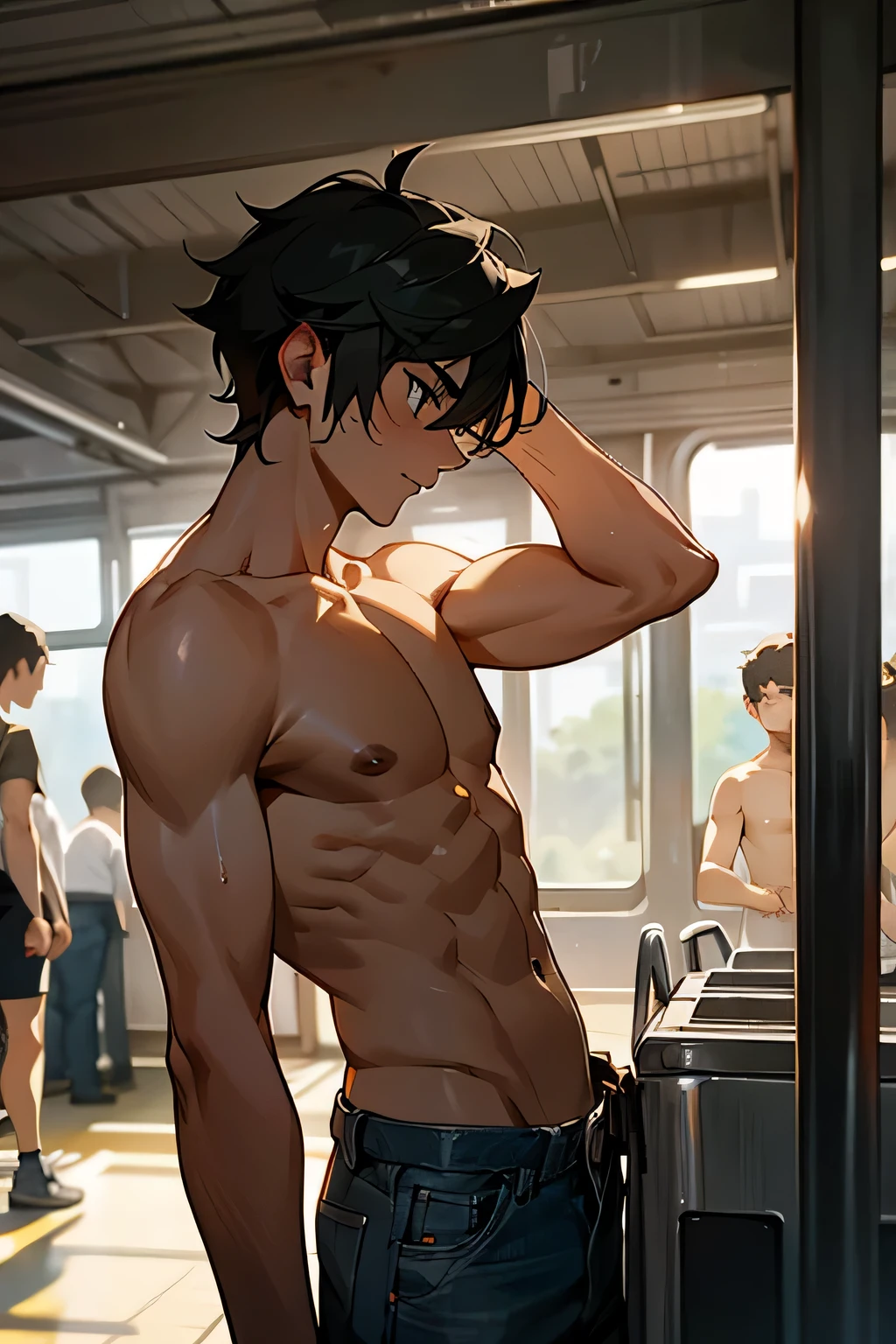 shirtless handsome manly short black hair caucasian male in tattered short jeans and sneakers, shirtless, sweating profusely, walking inside the train station, inside the train station is crowded with people, falling in line at the counter to buy a ticket