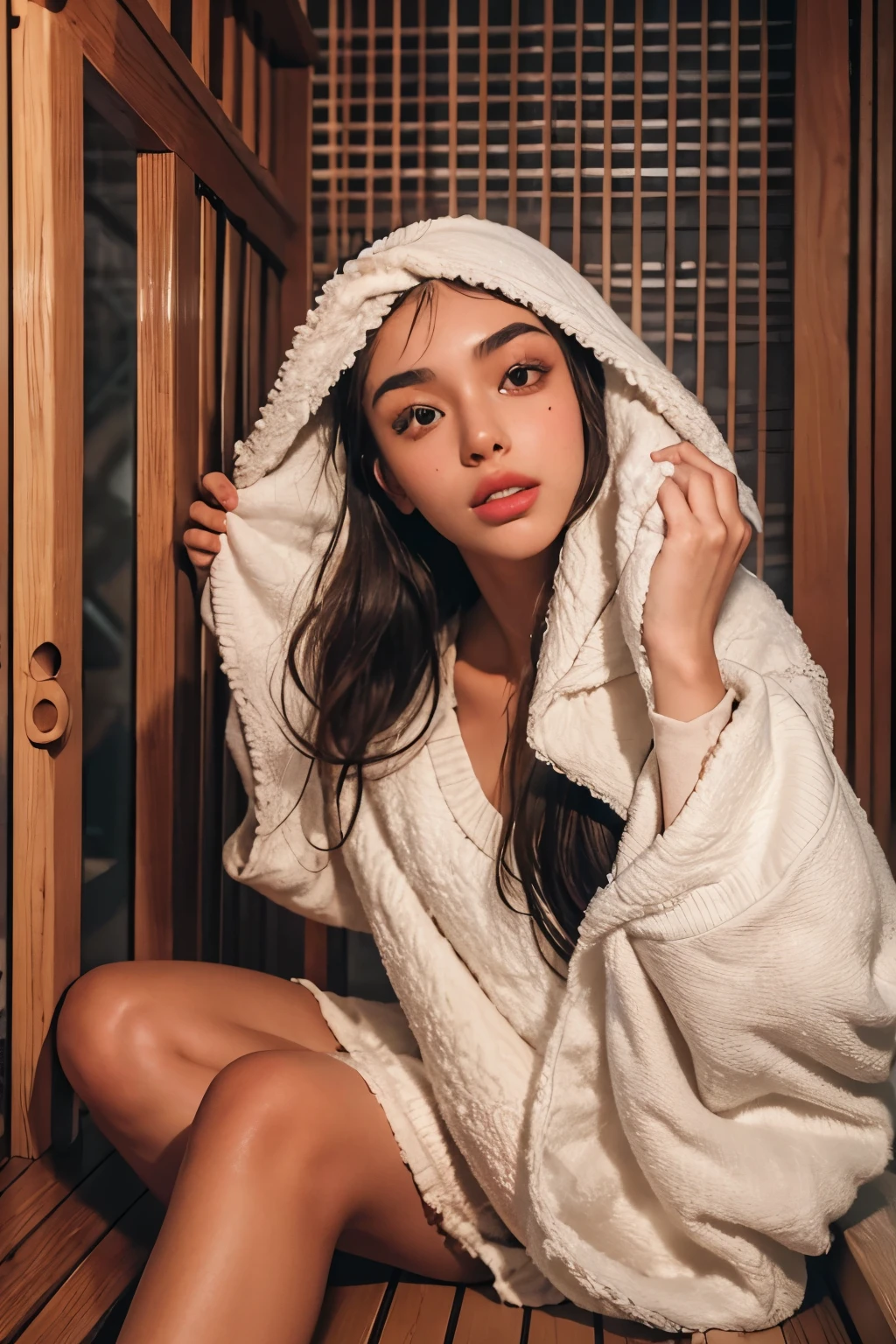 ((best quality)), ((masterpiece)), (detailed), perfect face, Araped woman with a towel on her head, Sitting sweating in the sauna, Madison Beer, without makeup, Profile picture, Use Instagram Filters, Subtle soft and dim light, perfect face, julia sardinian, perfect hands, Random Actions, Full-body view,