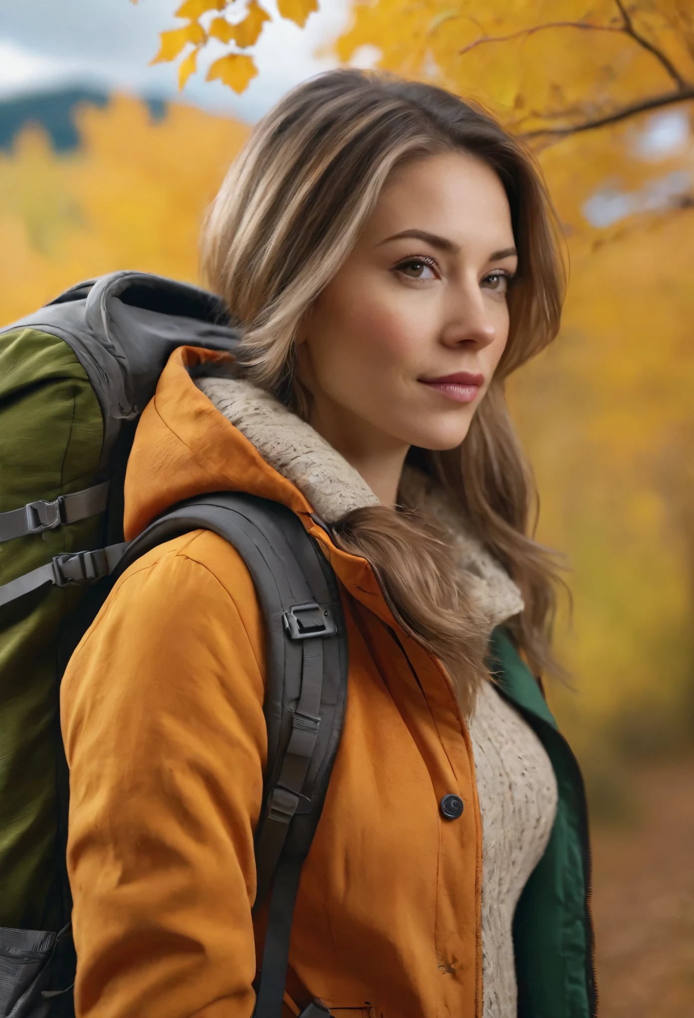 solo woman hiking from behind, film quality, highest details, walks in front of you, she wears backpack, light outdoor jacket and tight matte grey leggings, (ultra-realistic cloth texture), you see her from behind, attractive woman, relaxed on mountain trail, geared up, outdoor fashion, blonde brown hair in messy ponytail, gorgeous surroundings. solo woman, fall trees, (highest quality texture), (vivid fall colored leaves: orange, red, burnt sienna, naples yellow, green leaves) on the aspen trees, (ultra-realistic extures, coloring) film quality, (extreme detail of her fabric, hair ), she wears hair up, backpack (extreme backpack detail texture), she's in front of viewer, walking comfortable, beautiful fall trees ,soft accent autumns light, (ultra-real), crisp gorgeous rembrandt like lighting, (Rembrandt patch), (highest quality window details), fall mountain aspens trees in background, silky long dark hair, every detail,Fine facial features, Masterpiece – Masterpiece ○○ quality – ○○ quality best quality(Highest Quality) ,Leica film, best, solo female, High quality (hiquality) etc ○○ detailed – ○○ details ultra detailed(Ultra-fine ), Photorealistic, from behind, Extremely detailed(Extremely detailed) , Finely detailed(Fine-grained), (highest detail skin texture peachfuzz earlobe realistic), (highest detailed neck and body), etc ○○ res – ○○ resolution ultra high res(A high resolution) , very high texture res(light resolution), Realistic – Realistic Photorealistic – photorealistic beautiful – beautiful 4k , 8K,extreme detail of nature, dreamy, close and intimate, she is in front of camera, captivating surroundings, (highest quality hair, fabric, hiking ((nautral surroundings ultra-realistic details of deep color))), calming and relaxed in fall photoshoot