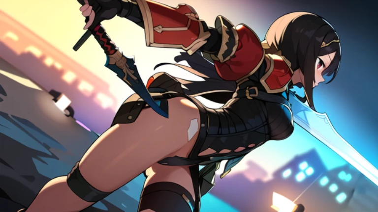 (((8k,Best Quality)), Masterpiece, outdoor, girl, holding sword, dynamic pose, combat, feet out of frame, female, fantasy armor, solo, thong, blurry background, low detail background,
dutch angle, facing away,