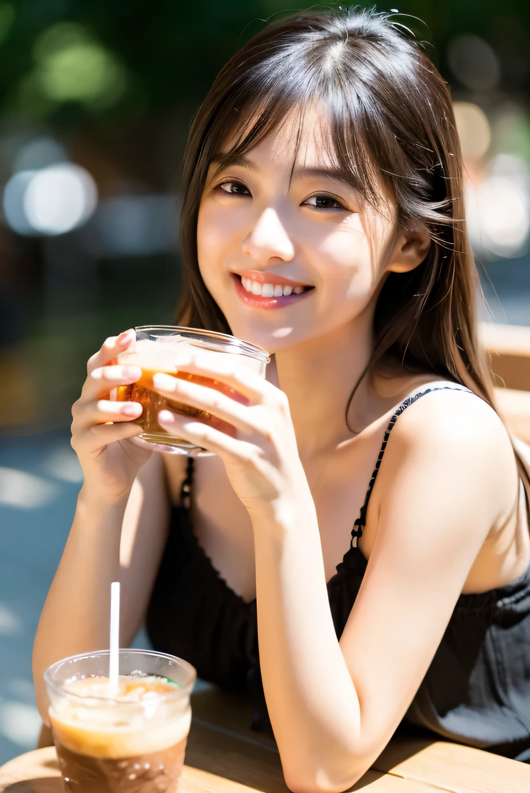 Tabletop, highest quality, shape, Very detailed, finely, High resolution, 8k wallpaper,Japanese、 perfect dynamic composition shape, Beautiful and detailed, Summer fashion for women,Wavy Hair,、blonde,Natural color lip,,smile,、20-year-old girl、cute、sexy shot looking at camera、Cafe、Drink coffee