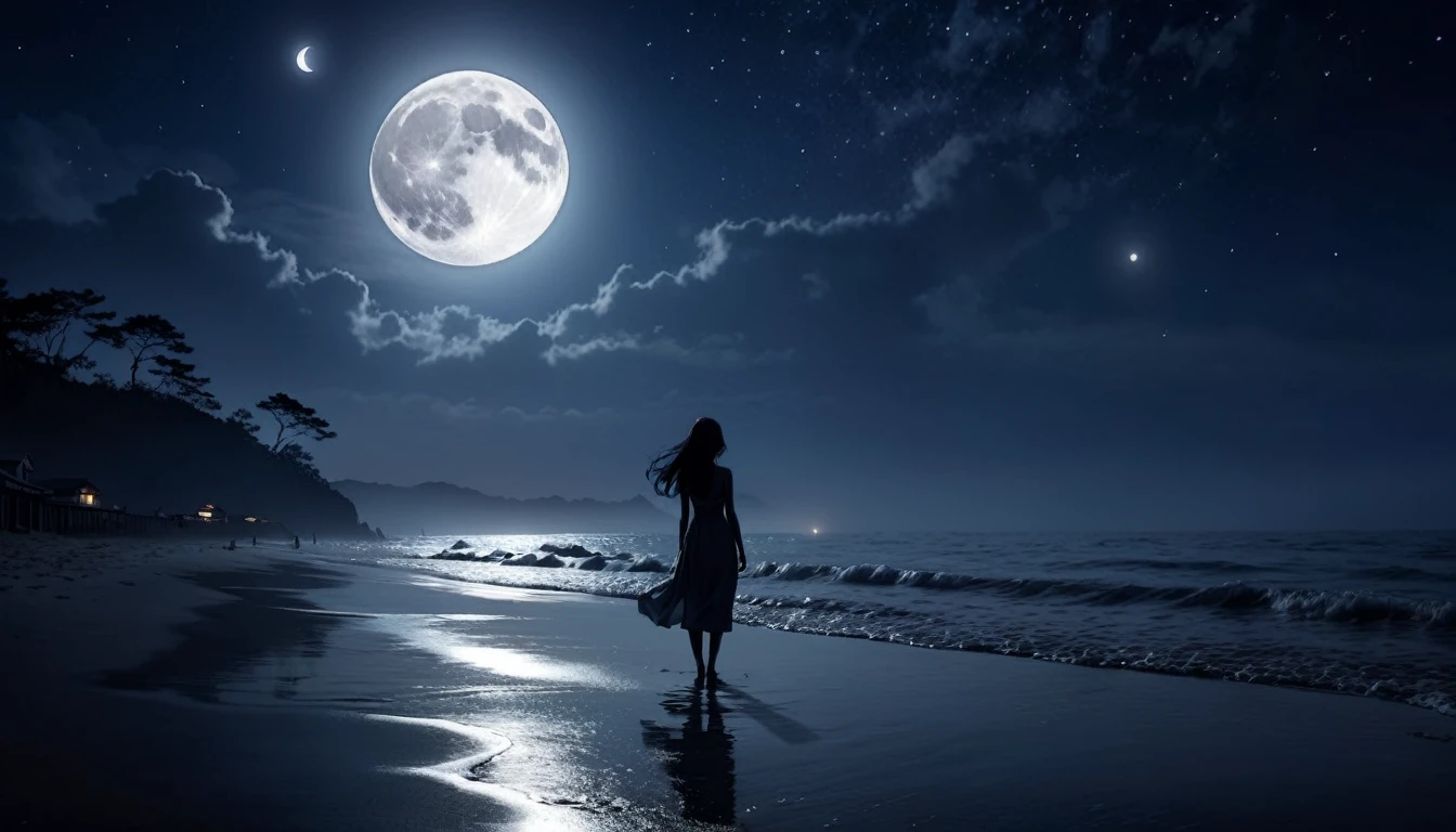 moonlit seaside。 At the beach on a night when the moon shines brightly、A vague silhouette of a person。The background is slightly foggy, creating a mysterious atmosphere.。