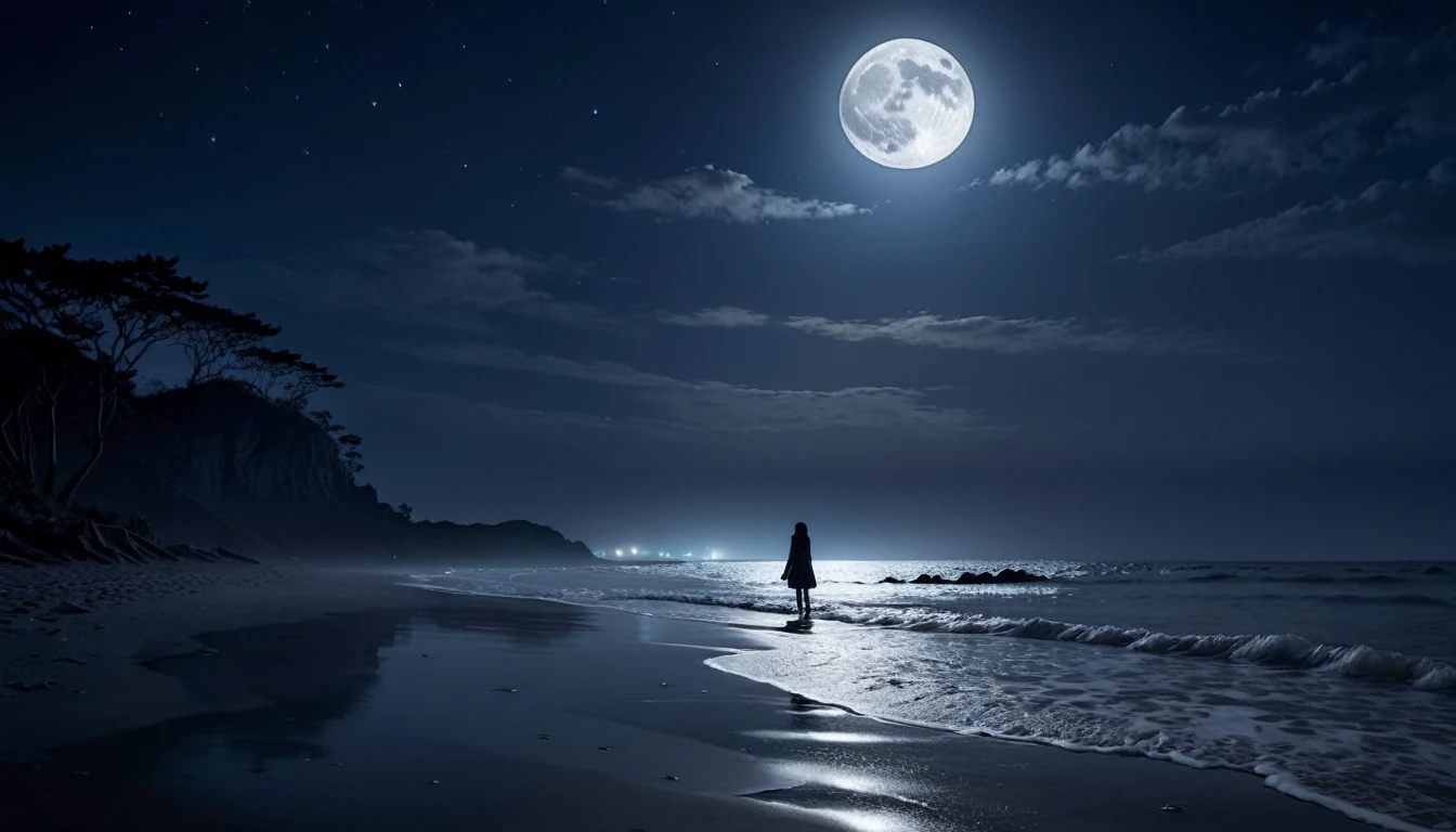 moonlit seaside。 At the beach on a night when the moon shines brightly、A vague silhouette of a person。The background is slightly foggy, creating a mysterious atmosphere.。