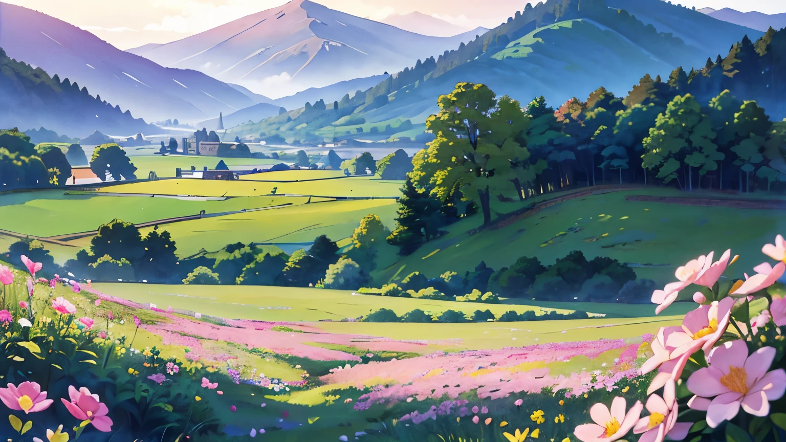 (highest quality、High resolution、masterpiece)、(Anime Art 4k)、(Photorealistic)、((Beautiful landscape photography))、((There is no one))、Cinema Lighting、Ray Tracing、Soft Light、View of Burford village on a misty morning、Create a magical scene in a misty meadow on a calm morning、Draw delicate and blurry brushwork、place々flowers bloom、(Sargent-style watercolor)、(Edmund Leighton Style)、