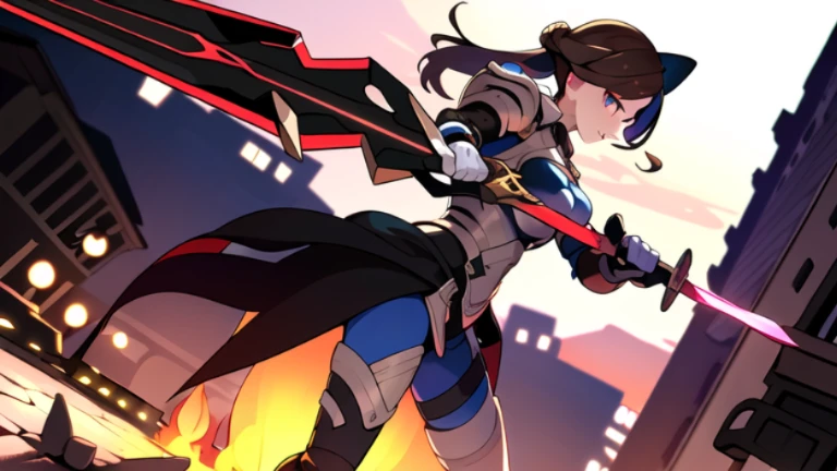 (((8k,Best Quality)), Masterpiece, outdoor, girl, holding sword, dynamic pose, combat, feet out of frame,  female, fantasy armor,  solo, blurry background, low detail background,
dutch angle, facing away,
