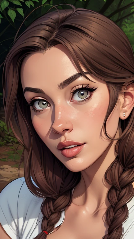 Character Monica Bellucci cartoon image of a young woman .cartoon style illustration, estilo de arte dos desenhos animados,digital illustration style, design de personagens altamente detalhado, arte digital detalhada profissional, floresta Design de personagens de retrato, beautiful digital illustration, retrato de alta qualidade, Arte em quadrinhos, mulher jovem. expression of sexual desire well-aligned braided hair . Light spring clothes Angélica - Fadas/kaleid forro prisma illya