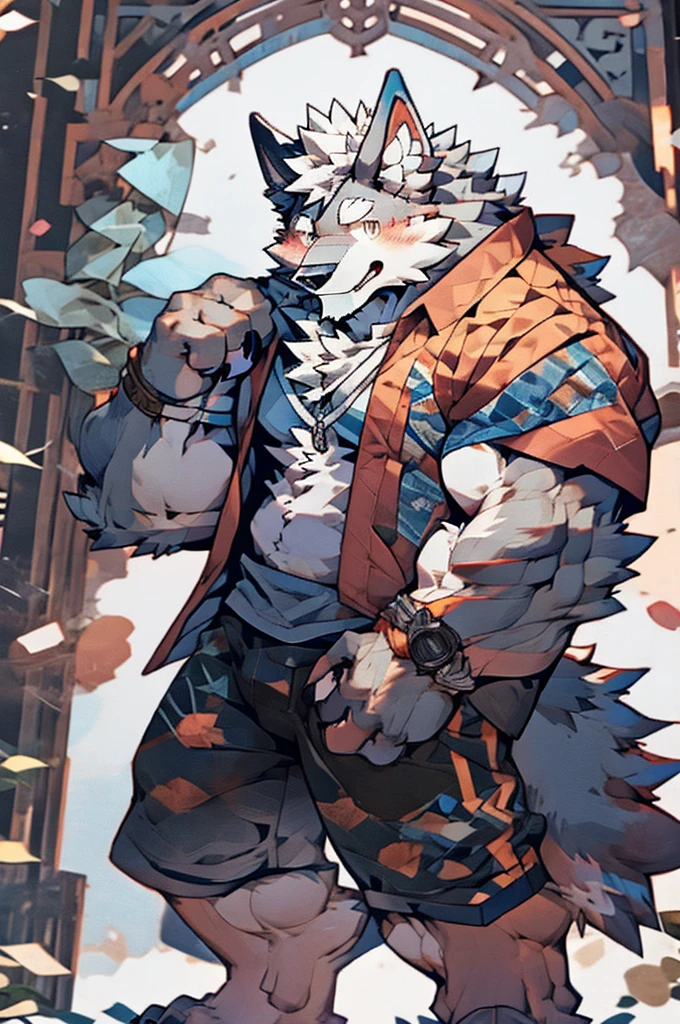 solo, male, werewolf, ((mature and older werewolf with muscular and bulky, burly build)), canine, facial hair covering a black beard, blushing, chest and stomach hair, smiling with happiness, grey fur covering his fluffy body and fluffy legs, splayed legs spread wide, laid on his back, looking directly at the viewer, facing viewer in a passionate and raw display, wearing only tight boxers, big bulge proudly on display, arms behind back, legs out wide, bedroom setting.
This solo male werewolf exudes maturity and power with his muscular build and burly stature. The grey fur covering his body.