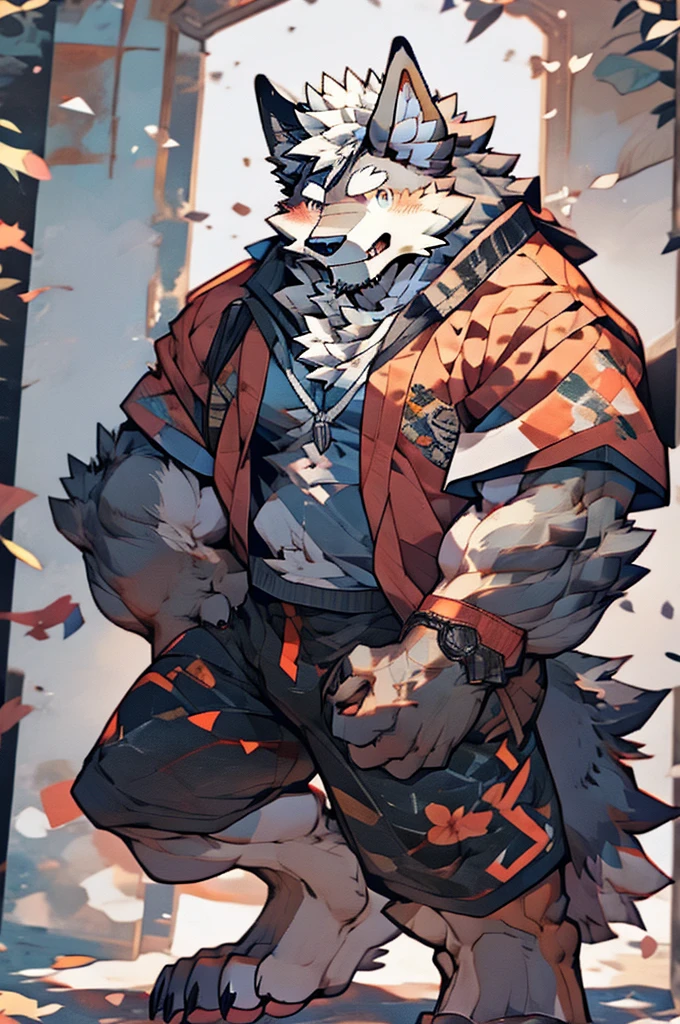 solo, male, werewolf, ((mature and older werewolf with muscular and bulky, burly build)), canine, facial hair covering a black beard, blushing, chest and stomach hair, smiling with happiness, grey fur covering his fluffy body and fluffy legs, splayed legs spread wide, laid on his back, looking directly at the viewer, facing viewer in a passionate and raw display, wearing only tight boxers, big bulge proudly on display, arms behind back, legs out wide, bedroom setting.
This solo male werewolf exudes maturity and power with his muscular build and burly stature. The grey fur covering his body.