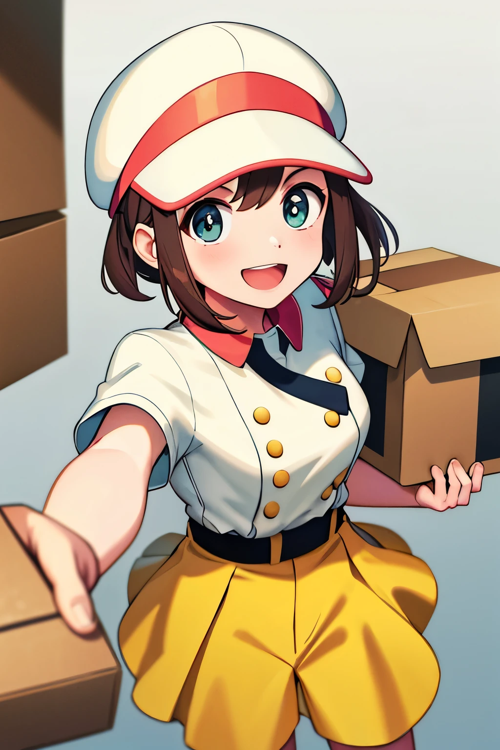 In the heart of an 8k white background, a chibi anime delivery character comes to life, wearing a uniform dotted with yellow and vibrant red details. The cap sits firmly on the character's head, and a cheerful expression graces their small, detailed face. With excitement, they hold a box close to their chest, the edges of the image softly blurred around them, as if to focus the viewer's attention on the energetic scene of this delightful sticker come to life.