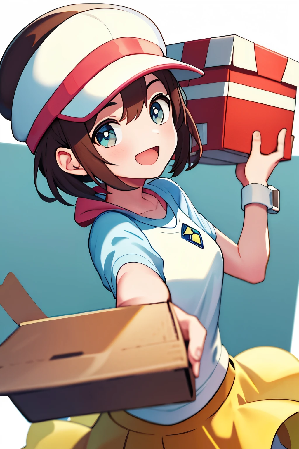 masterpiece, best quality, 8k resolution, white background, in focus: a cheerful delivery man character in a yellow uniform, cap on his head, holding a box in the center, blurred edges creating depth of field.