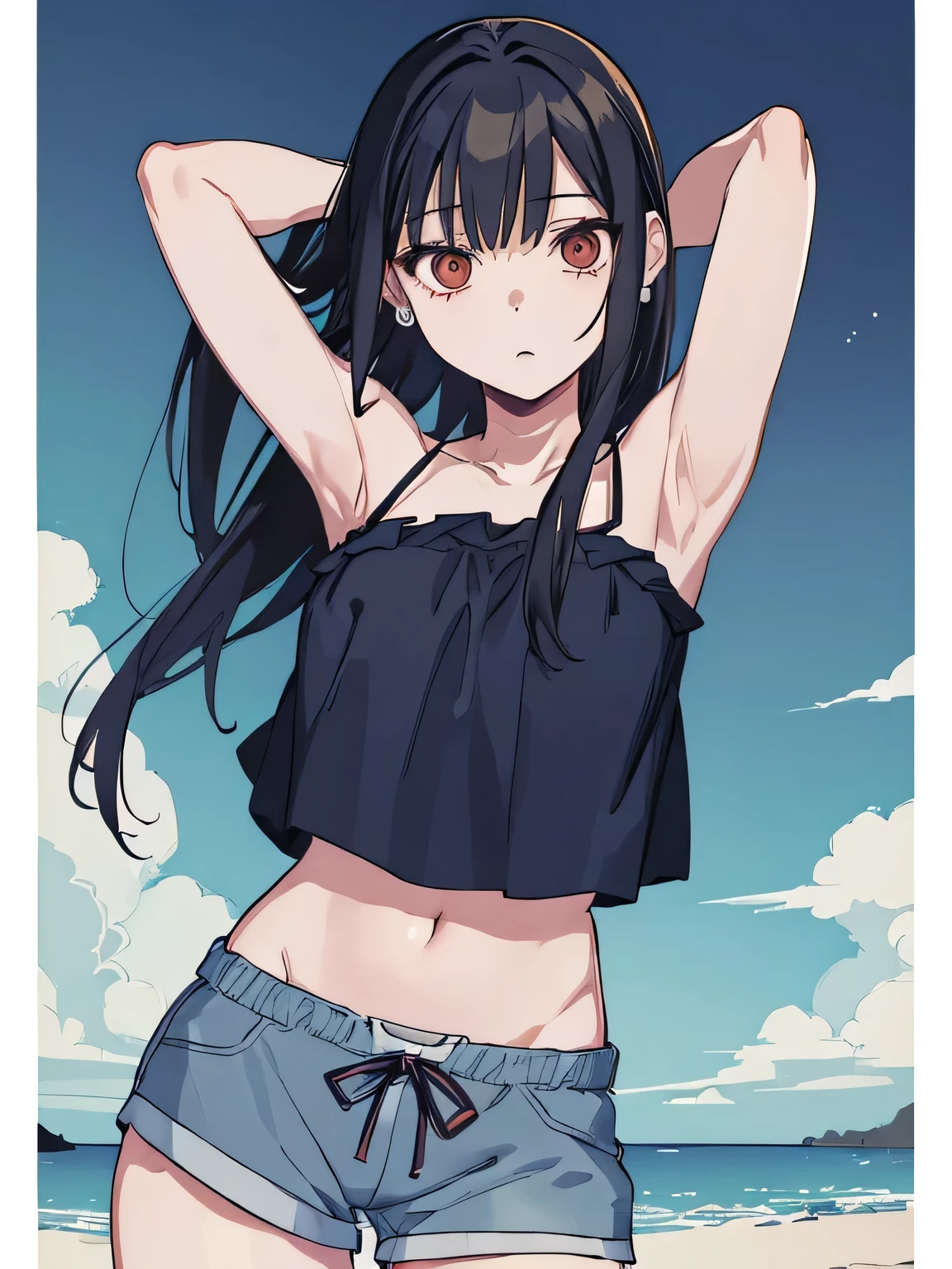 ,(masterpiece), (best quality), (ultra-detailed), (best illustration), (best shadow), (absurdres), 1girl, solo, Chihara, 1girl, solo, black hair, shorts, long hair, looking at viewer, black shorts, arms behind head, contrapposto, spread armpit, camisole, red eyes, breasts, earrings, short shorts, (cowboy shot:1.5), beach, night sky,