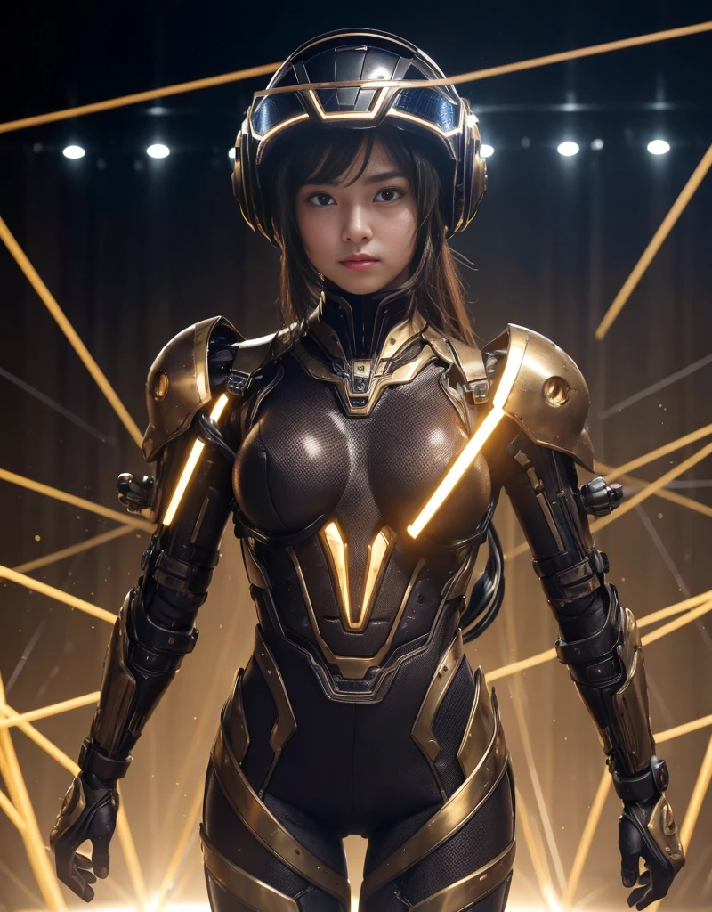 (吝啬的mechanical girl和章鱼外星人的背景)、（Mysterious Expression）、best quality、masterpiece、Ultra-high resolution、(Photorealism:1.4)、original photo、1 girl、glowing skin、Delicate face、(((1.mechanical girl)))、heaviness in chest、（Gold Metal Bodysuit）、(Natural alien background，Used to fight aliens)、(Small LED)、((Ultra-realistic details))、Vertical giant monster background),Global Illumination、shadow、Octane Rendering、24K、Super sharp、equipment people background、Large Breasts、Skin exposed in cleavage、Intricate decorative details、Japan Details、Very intricate details、realistic light、(Mysterious Expression),CG Association Trenlow Eyes、Eyes sparkling at the camera、Mechanical edge vessels connected to neon detail tubes)、(Wires and cables to the head)、Small LED、,Mechanical thigh、Two stocks、（Hands are also made of machines）、、future alien、Please wear a mechanical helmet、Transparent visor on helmet,