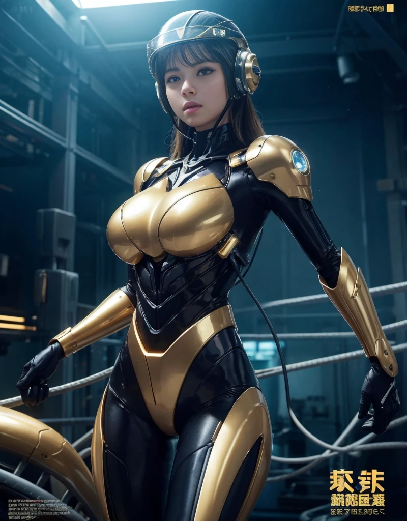 (Background of skimpy mechanical girl and octopus alien)、(Mystical expression)、highest quality、masterpiece、Super high resolution、(Photoreal:1.4)、RAW photo、1 girl、glowing skin、detailed face、(((1 Mechanical Girl)))、Heavy chest、(gold metal bodysuit)、(Natural alien background to fight aliens)、(Small LED)、((Super realistic details))、vertical giant monster background),global illumination、Shadow、octane rendering、24K、super sharp、robotの背景、big breasts、Raw skin exposed in the cleavage、intricate decorative details、Japan details、very intricate details、realistic light、(Mystical expression),CG Society Trenlow Eyes、Eyes shining towards the camera、Mechanical marginal blood vessels connected to neon detail tubes)、(Wires and cables connecting to the head)、Small LED、,mechanical thighs、two stock、(Hands are also made of machines)、robot、future alien、Please wear a mechanical helmet、transparent face guard on helmet、