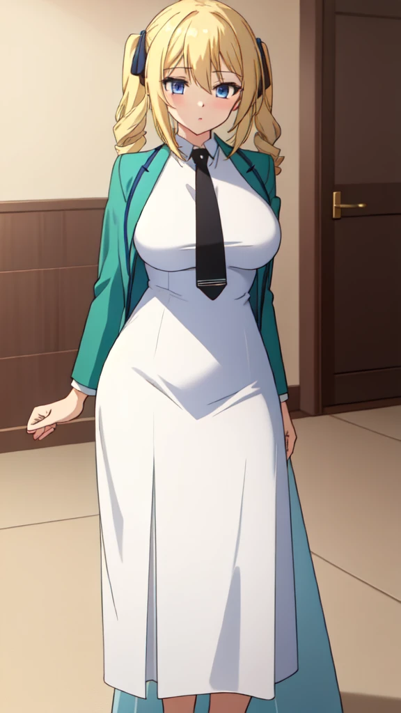 One girl,Big Breasts、valley,Blonde,Blue eyes,bangs,
,Long sleeve,White Dress,Black tie,Green jacket,, great visuals, High resolution,masterpiece,highest quality,
