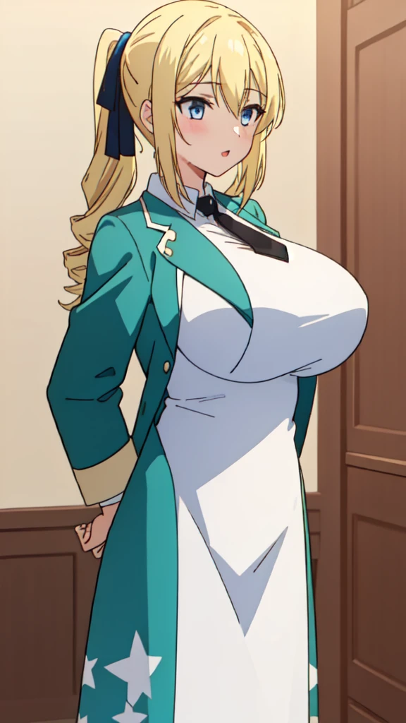 One girl,Big Breasts、valley,Blonde,Blue eyes,bangs,
,Long sleeve,White Dress,Black tie,Green jacket,, great visuals, High resolution,masterpiece,highest quality,