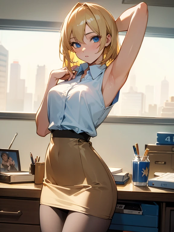 medium blonde hair, blue eyes, pantyhose, white sleeveless shirt, pencil skirt, office, cowboy shot, highly detailed, HD, 4K, Masterpiece, highres