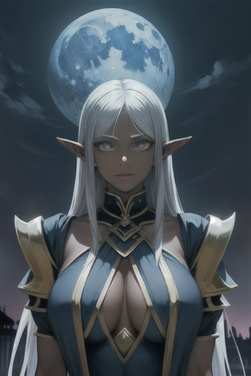 Dark skin, silver moon, ancient elf, rare, cursed maiden, celestial armor, beautiful girl, long icy hair, violet glowing eyes, dark skin, palace ruins,