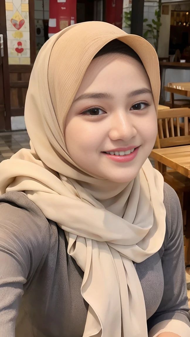 Selfie taken, See full body, luxury details, 8k, natural, realistic, amazing shots, ULTRA HD,
1 girl, 18 years old, smooth white face, white skin, smailing,  neat white teeth, big breasts, wearing a long white hijab covering the body, with decorations on the hijab, Muslim clothes for worship, beautiful face, beautiful black face, cute, curly eyelashes, beautiful eyes , sweet smile, sitting on the bed, Indonesian Muslim, realistic, atmosphere in the out door, in the cafe,