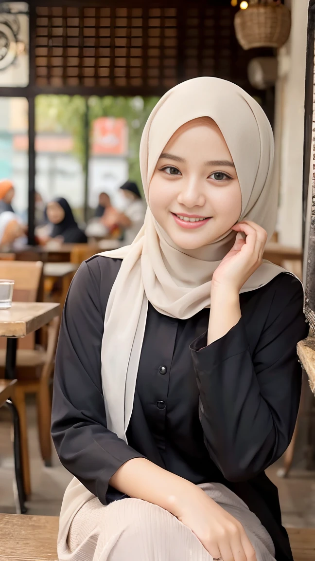 Selfie taken, See full body, luxury details, 8k, natural, realistic, amazing shots, ULTRA HD,
1 girl, 18 years old, smooth white face, white skin, smailing,  neat white teeth, big breasts, wearing a long white hijab covering the body, with decorations on the hijab, Muslim clothes for worship, beautiful face, beautiful black face, cute, curly eyelashes, beautiful eyes , sweet smile, sitting on the bed, Indonesian Muslim, realistic, atmosphere in the out door, in the cafe,