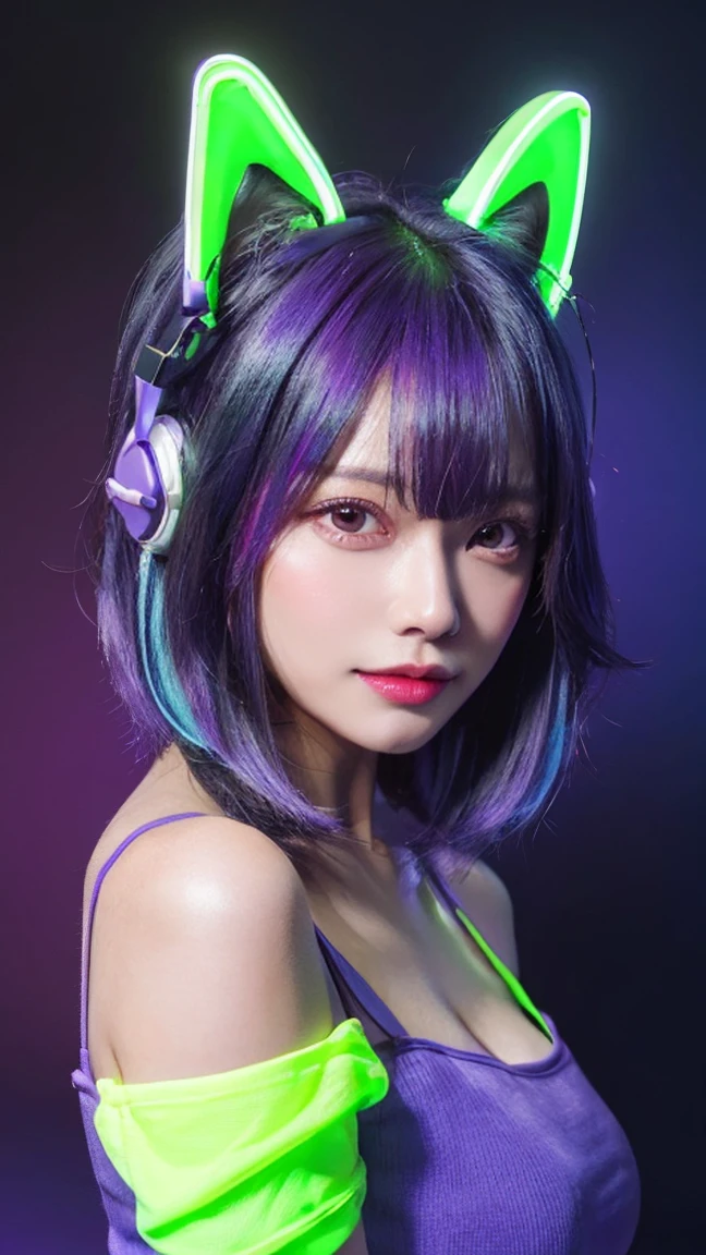 (Neon purple thema:1.2), masterpiece, highest quality, 4K, (Photorealistic), bokeh, enlightenment,(1 perfect portrait of a girl), (A fascinating eye for perfect detail:1.2), colorful hair, (gradient hair), (neon purple soft hair:1.6), (Cat ear:1.2), fantasy background, (exposed bare shoulders), (long-term alienation sleeve), (lean forward a little), head tilt, (movie lighting:1.2), oversized clothes, (seductive pose:1.4), (neon purple background:1.6), purple beautiful eyes, close up,