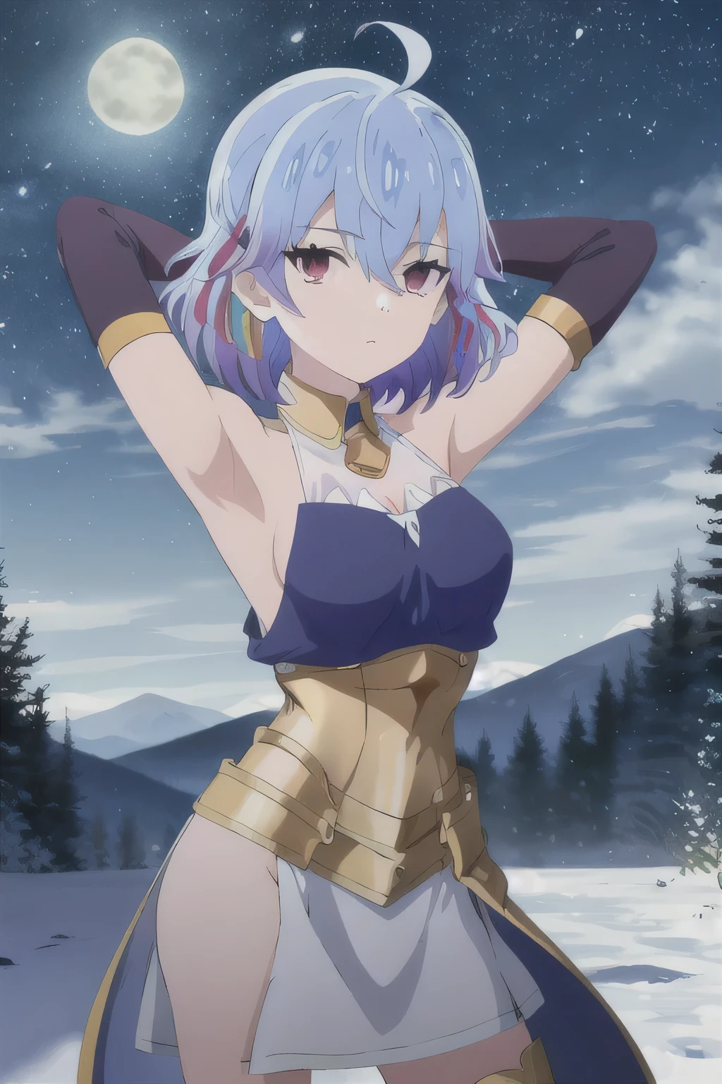 (exceptional, best aesthetic, new, newest, best quality, masterpiece, extremely detailed),Ruti, 1girl, solo, ribbon, hair ribbon, short hair, metal collar, red eyes, blue hair, ahoge, multicolored hair, meme, armlet, gradient hair, collar, jewelry, bangs, parody, armor, expressionless, bare shoulders, solo, night sky, forest, arms behind head, looking at viewer, contrapposto, spread armpits, (cowboy shot:1.5), looking at viewer, hair between eyes