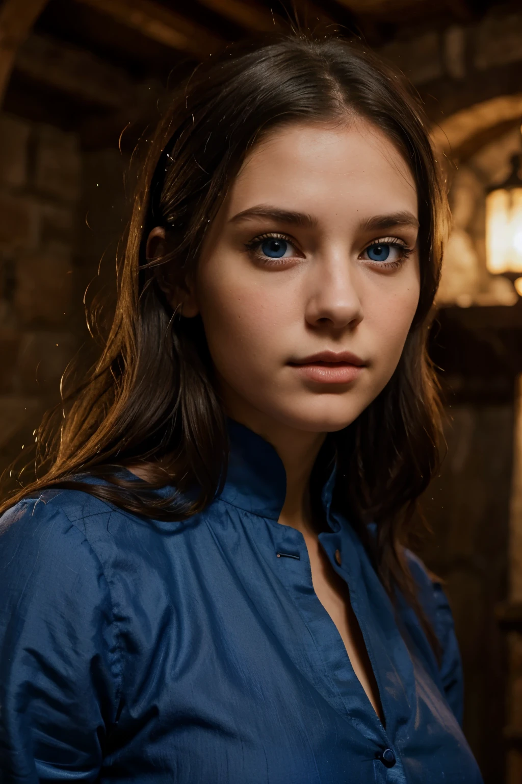 young girl with blue eyes and dark hair, narrow chin and perky look, medieval style
