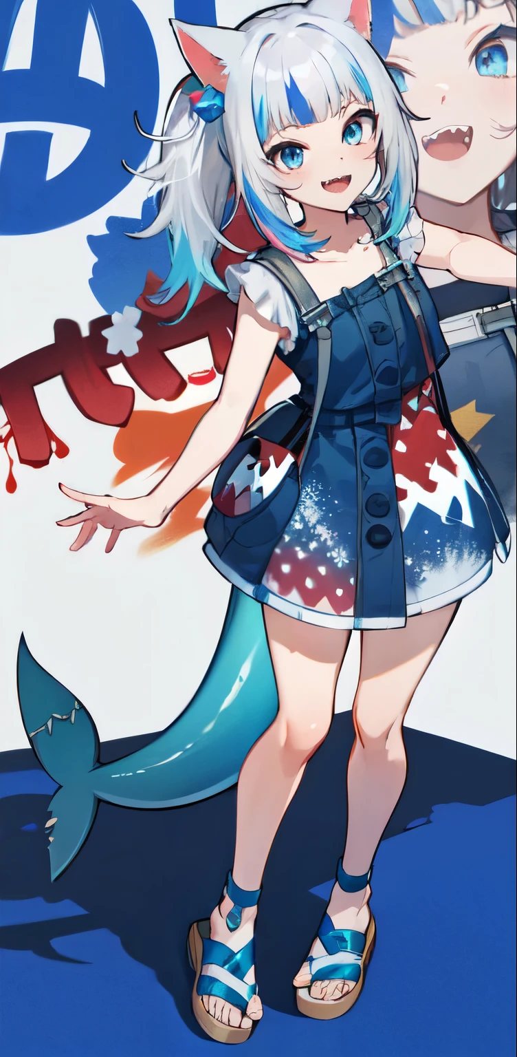 masterpiece, high quality, houshouBikini, highres, absurdres, ultra-detailed, detailed eyes, 8k, ti-emb_kobo-kanaeru, 1girl, colorful eyes, fangs, open mouth, bangs, colorful background, looking at viewer, vibrant, contrast, gradient hair, happy, graffiti wall background, water splash, close up, small breast, 2d, masterpiece, best quality, anime, highly detailed, full body, 1girl, solo, gura_neko, blue dress, cat ears, side ponytail, cube hair ornament, sandals, :d, sharp teeth, shark tail, shoulder bag, shore town