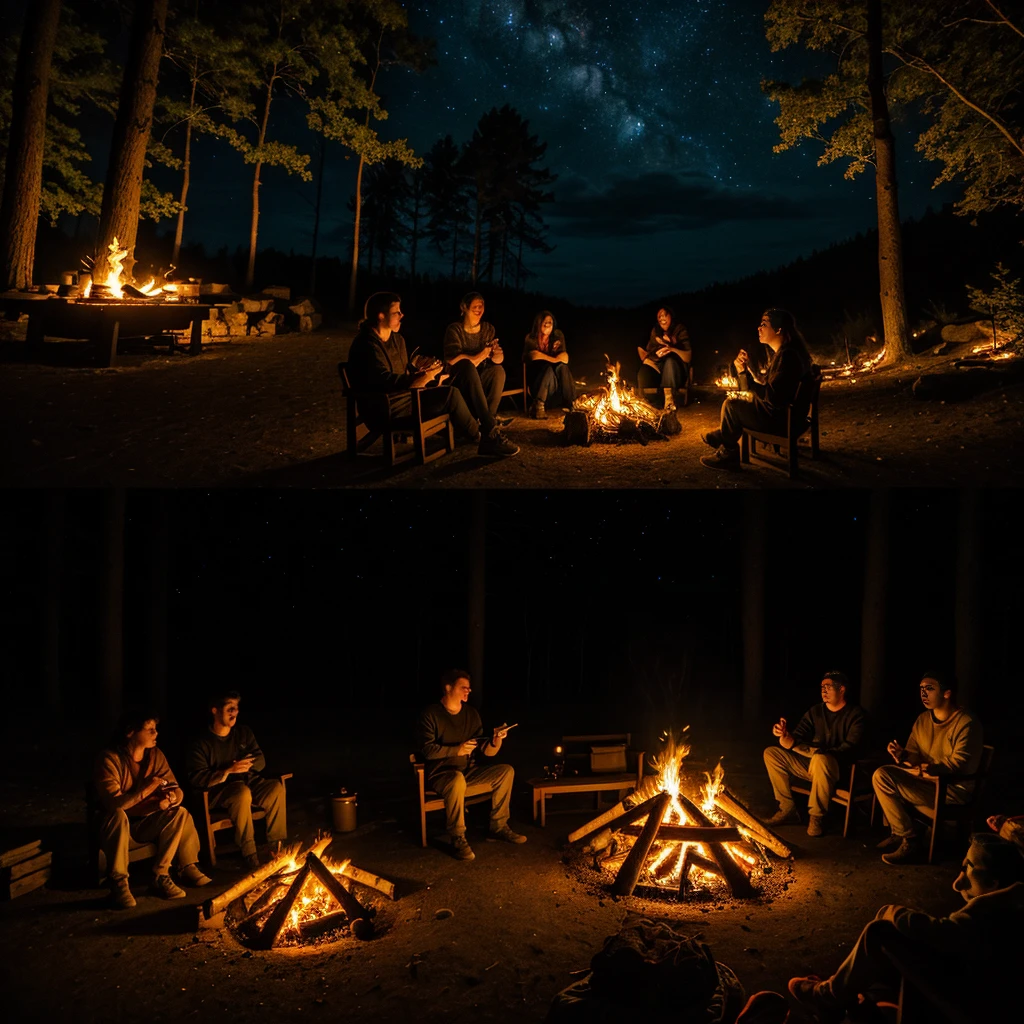 (highres:1.2),dramatic lighting,crackling flames,warm atmosphere,gathering,nighttime setting,cozy scene,flickering firelight,forest backdrop,roaring fire,smoke rising,people sitting around the fire,enjoying company,crisp air,stars in the sky,soft glow,magical ambiance,shadows dancing,marshmallow roasting,campfire songs