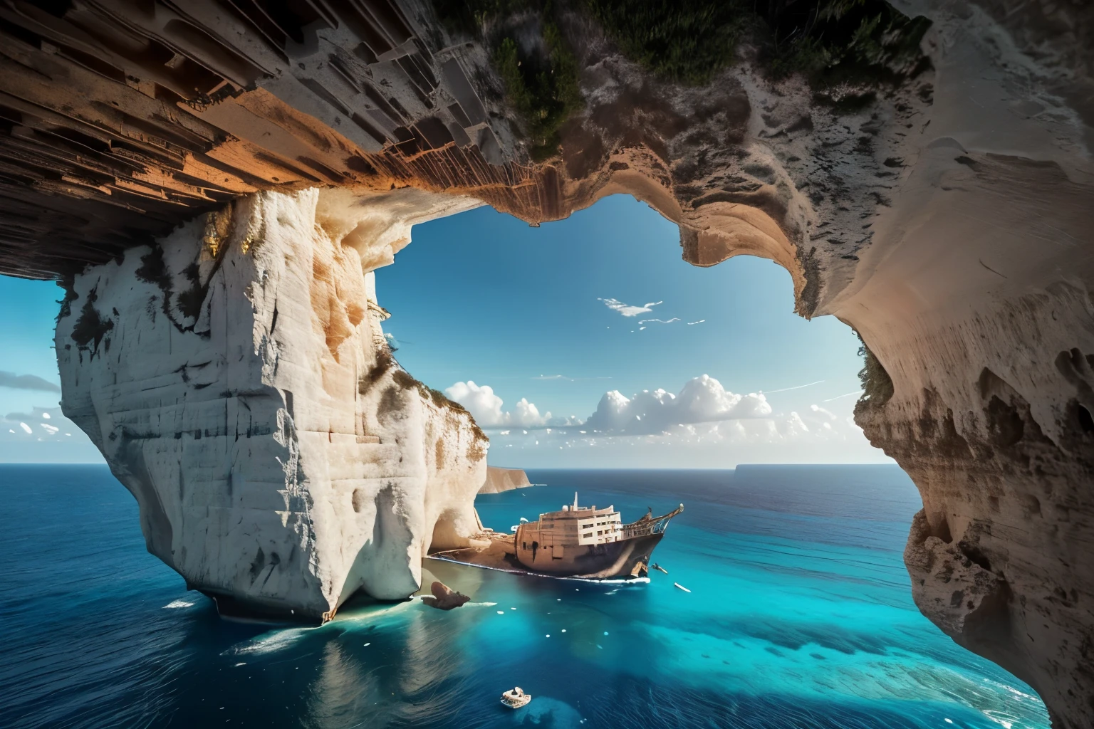 On Navagio Beach (Shipwreck Beach) in Greece, a breathtaking scene unfolds: towering cliffs frame the remains of a sunken smuggler's ship, reachable solely by boat. This striking image, likely a photograph, captures the rugged beauty of the location. The weathered hull of the ship contrasts with the pristine turquoise waters and the sheer rock faces of the cliffs, creating a mesmerizing composition of nature and history. Rich colors and intricate details bring this picturesque scene to life, showcasing the allure of this secluded paradise with vivid clarity.