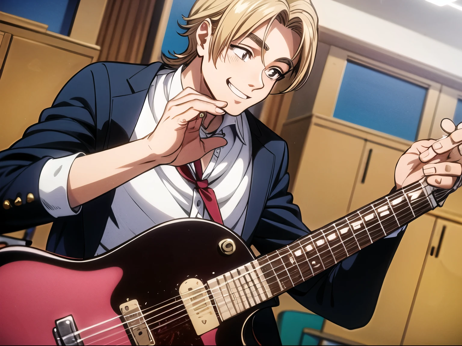 ((melhor qualidade)), ((obra de arte)), (detalhado), rosto perfeito, anime, homem com um sorriso contagiante, extremamente feliz por ter ganho uma guitarra de presente em uma escola de musica. He is admiring the beauty of the guitar body while celebrating with it in his hands. 
