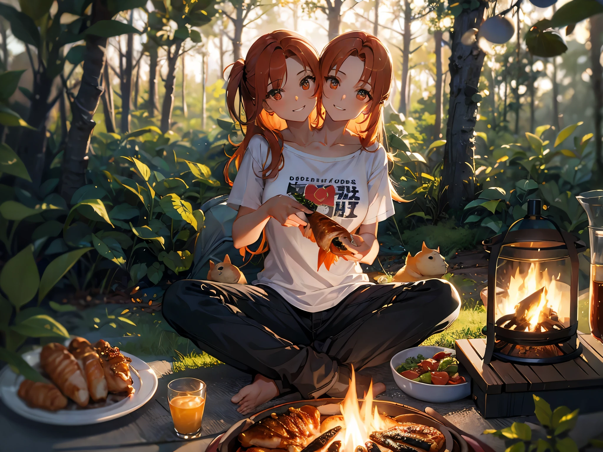(masterpiece, best quality), best resolution, (2heads:1.5), 1girl, orange hair, brown eyes, t-shirt, long pants, hiking boots, holding roasted fish on a skewer, sitting around a campfire, forest campsite, evening