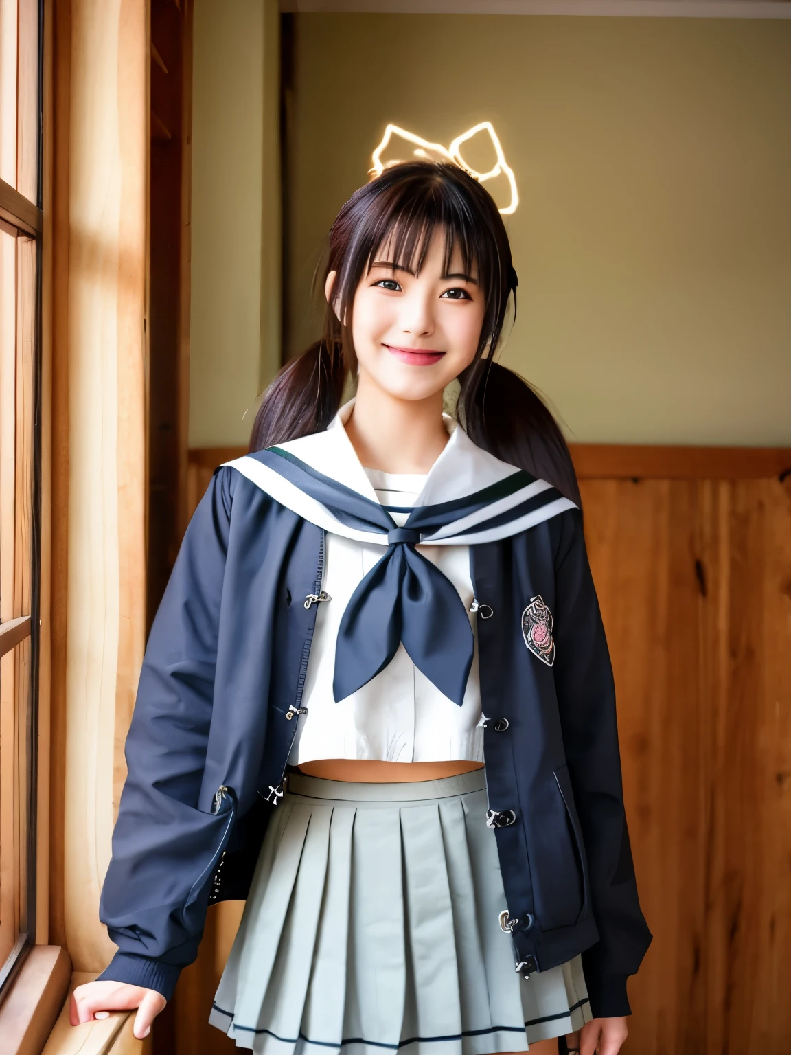 Masterpiece,hd, realistic, cosplayer, Asian young woman, 20 y.o, best quality, 1girl, indoor, standing, looking at viewer, smile, reisaid, twintails, purple eyes, hair ornament, halo, neckerchief, open jacket, gray sailor collar, gray pleated skirt, standing 