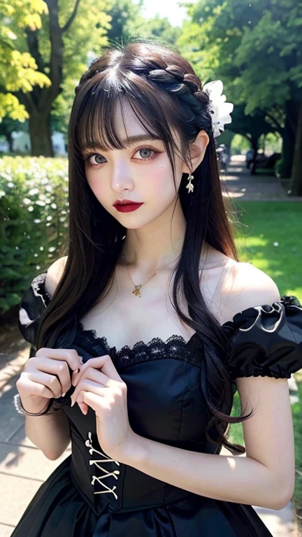 (masterpiece:1.2), (best quality:1.2), Perfect eyes, perfect face, Perfect lighting, 1 Girl, Mature goth girl standing with hands in front of her, Long hair, Complex hairstyle, cosmetic, Dark lips, Thick eyelashes, sad, Melancholy, wearing gothic clothing, black and white dress, decorate, Ribbon, Puff sleeves, Bare shoulders, Lace necklace, jewelry, peaceful, Quiet, chill, Detailed outdoor background, Beautiful scenery, fantasy, summer, Sunlight, sunburn, Flowers, Trees