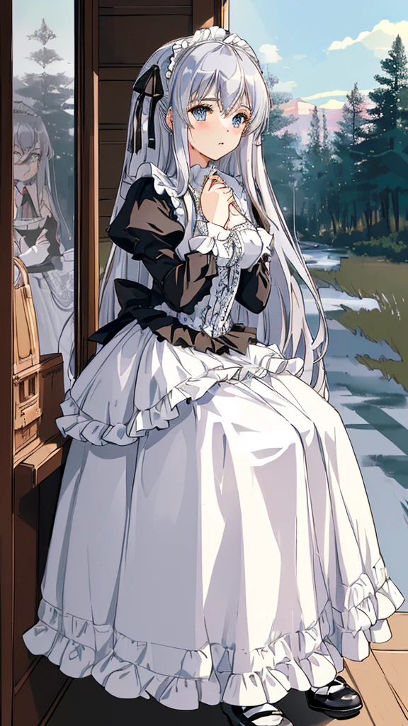 (masterpiece 1.8), ((ultra quality)), ((super fine illustration)), ((stunning cg)), 
1girl, solo, from side, ((very beautiful and cute girl)), (( old girl)), (silver hair), (super long hair),blue eyes, small bast, looking at viewer, bangs, suitcase, thighhighs, long sleeves, ((lace trimmed dress)), bow, ribbon, closed mouth, standing, silver hair, ((lot of frills)), parted lips, puffy sleeves, black thighhighs, ((frilled black dress)),pannier,lots of ruffles, lace ruffles,  garter straps, blue bow, juliet sleeves, lolita-fashion, ((gothic-lolita 1.6)), ((sitting on old suitcase)), ((hand on own chin:1.6)), soft light, beautiful thi-ghs(ultra beautiful reflection:1.3), 
(ultra beautiful lighting:1.4), 
(best shadow:1.3),
(sense of depth:1.5) reflected light, (pale tone), (outdoor), ((wilderness:1.8)), ((roadside:1.4)), ((bus-stop)),