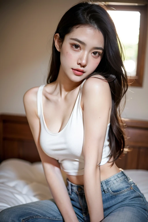 （lifelike， high - resolution：1.3）， 1 girl with a perfect body， Super fine face and eyes，slong hair， Tank top of random colors：1.2， short jeans， small ，Expose 