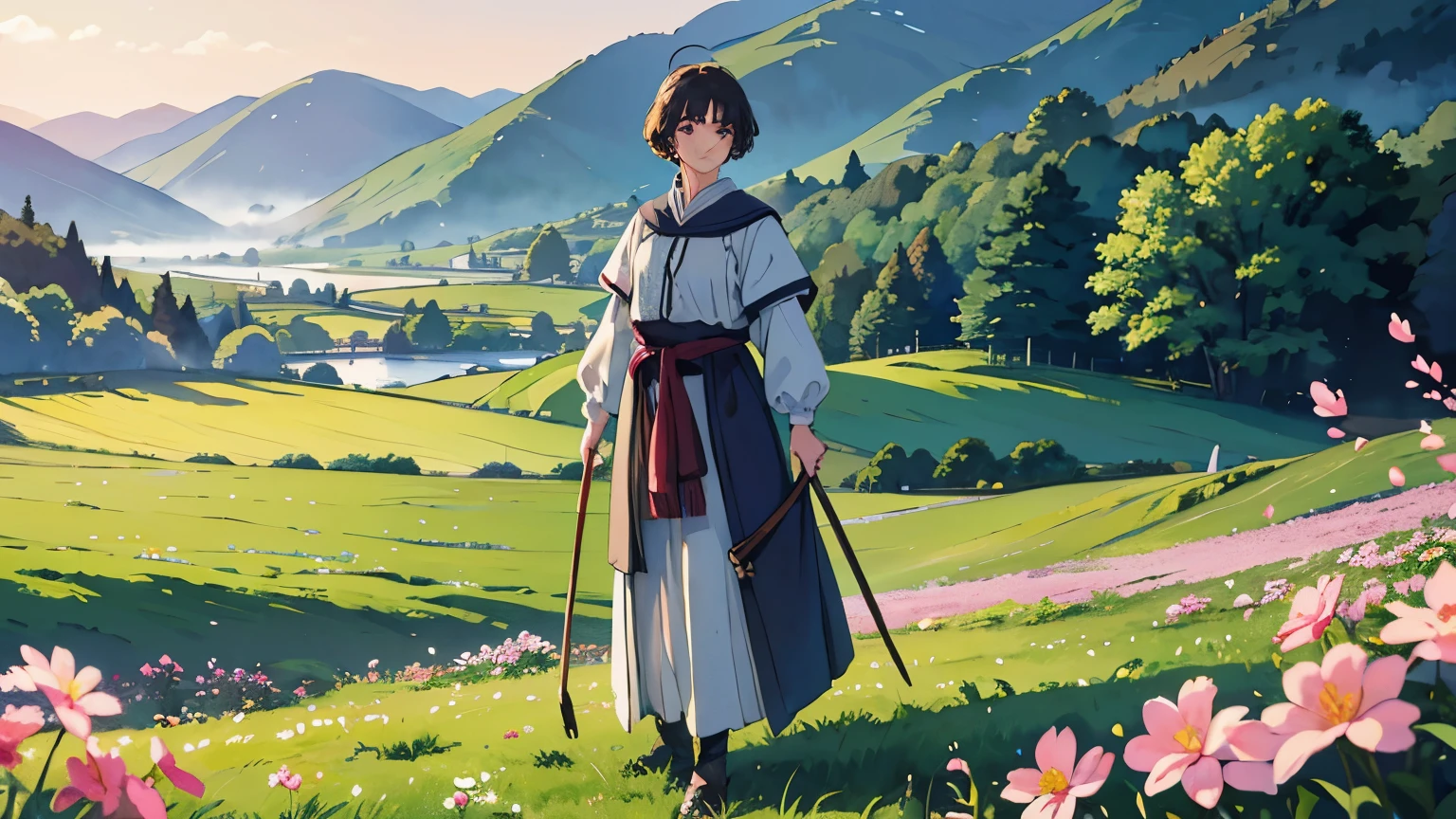(highest quality、High resolution、masterpiece)、(Anime Art 4k)、(Photorealistic)、((Beautiful landscape photography))、((There is no one))、Cinema Lighting、Ray Tracing、Soft Light、Welsh countryside landscape on a misty morning in the UK、Create a magical scene in a misty meadow on a calm morning、Draw delicate and blurry brushwork、place々flowers bloom、(Sargent-style watercolor)、(Edmund Leighton Style)、