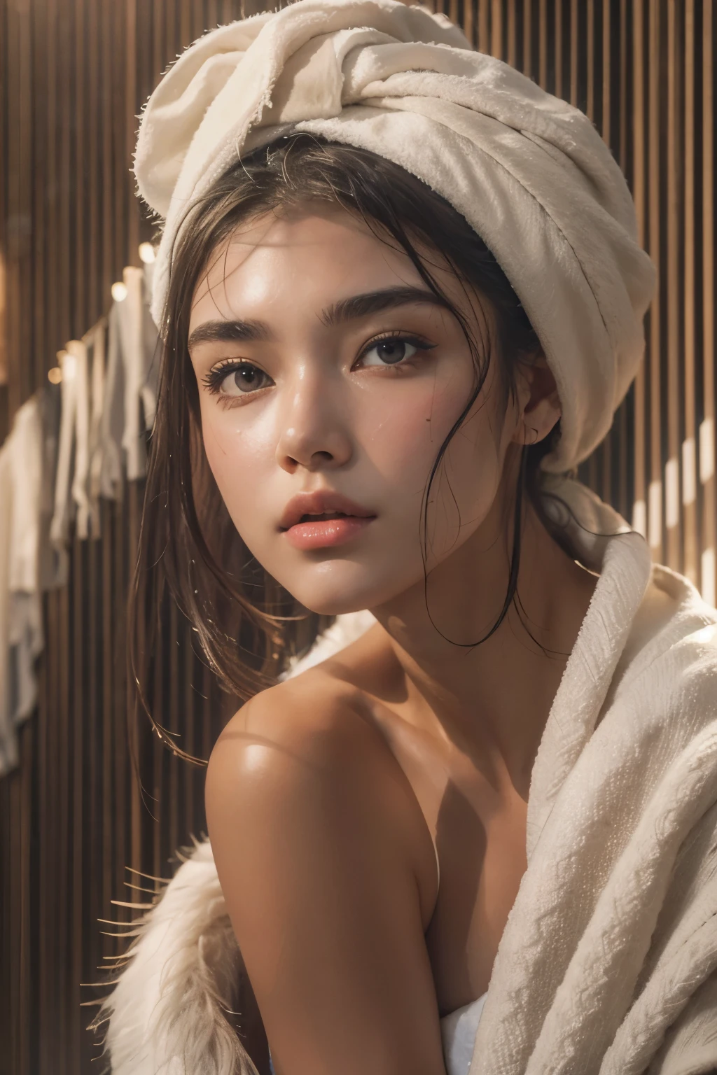 ((best quality)), ((masterpiece)), (detailed), perfect face, Araped woman with a towel on her head, Sitting sweating in the sauna, Madison Beer, without makeup, Profile picture, Use Instagram Filters, Subtle soft and dim light, perfect face, julia sardinian, perfect hands, Random Actions, Full-body view,