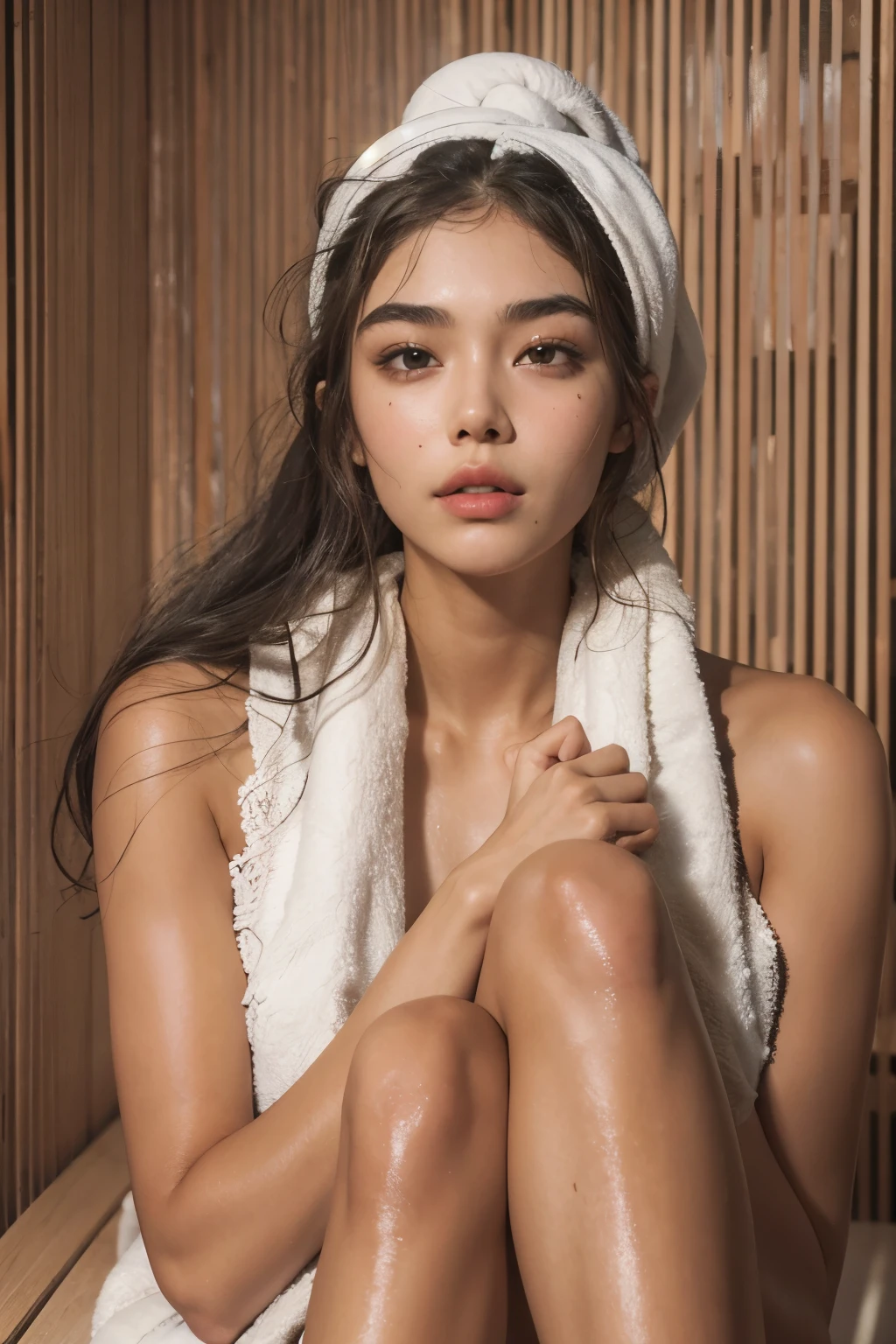 ((best quality)), ((masterpiece)), (detailed), perfect face, Araped woman with a towel on her head, Sitting sweating in the sauna, Madison Beer, without makeup, Profile picture, Use Instagram Filters, Subtle soft and dim light, perfect face, julia sardinian, perfect hands, Random Actions, Full-body view,

