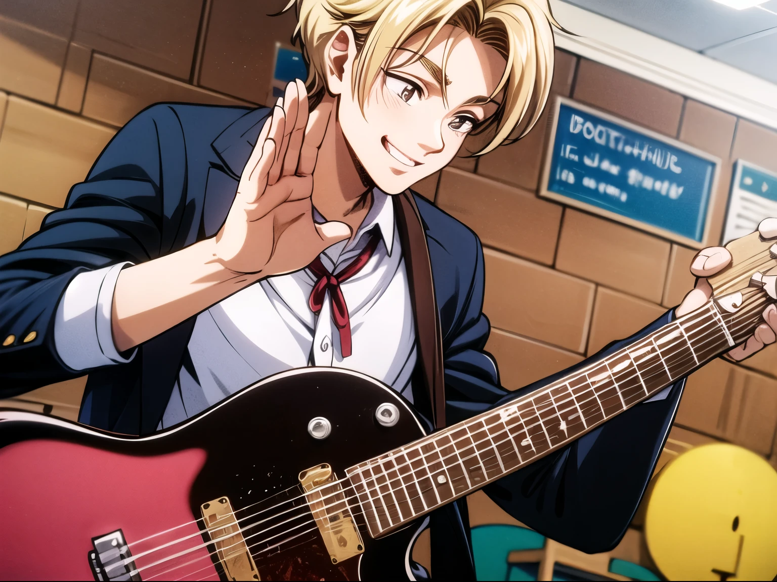 ((melhor qualidade)), ((obra de arte)), (detalhado), rosto perfeito, anime, homem com um sorriso contagiante, extremamente feliz por ter ganho uma guitarra de presente em uma escola de musica. He is admiring the beauty of the guitar body while celebrating with it in his hands.
His hands are perfect.