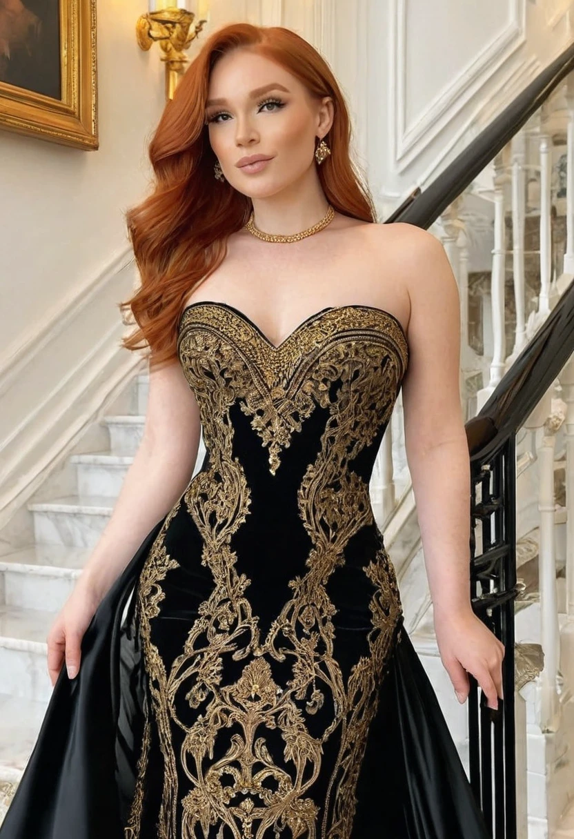(high quality:1.5), (8k), extremely detailed, (High detail:1.2), (Hotlexi woman), Solo, Irish redhead female, (in mansion), (black luxury dress strapless with gold details),
