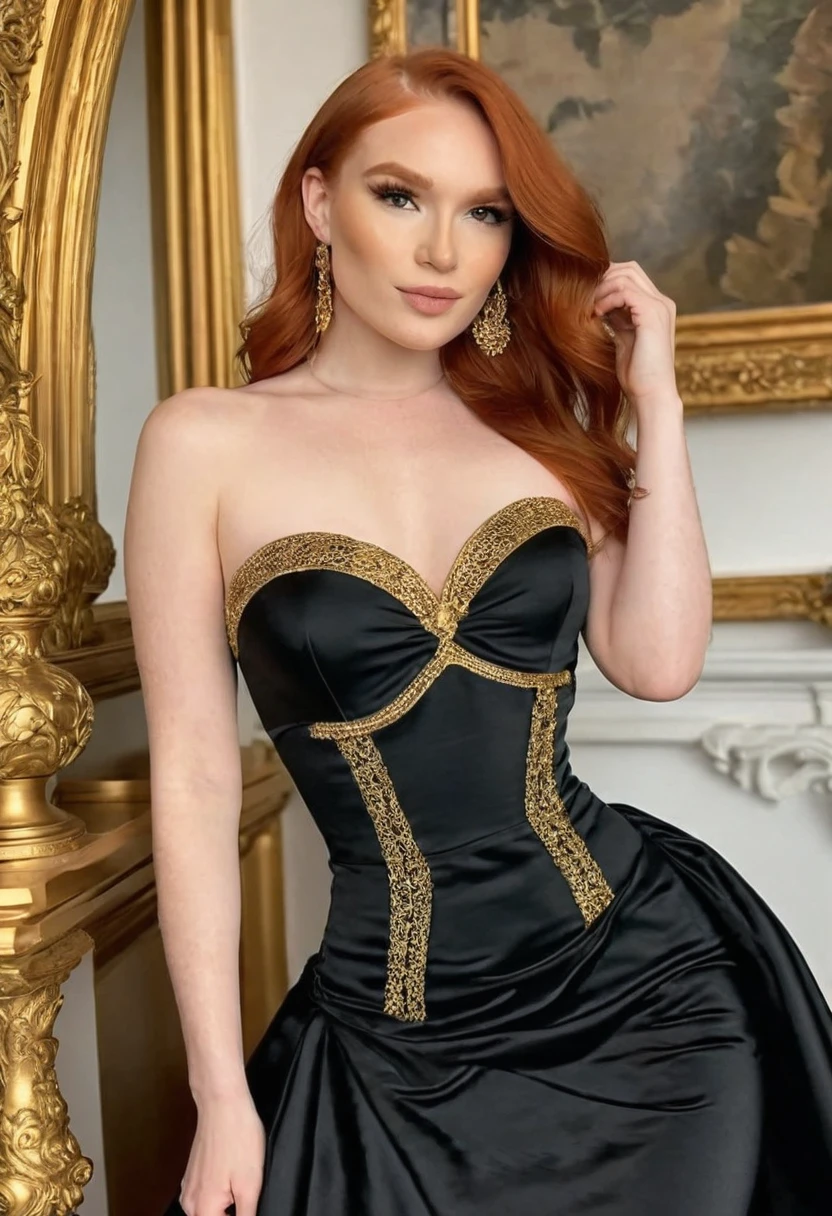 (high quality:1.5), (8k), extremely detailed, (High detail:1.2), (Hotlexi woman), Solo, Irish redhead female, (in mansion), (black luxury dress strapless with gold details),