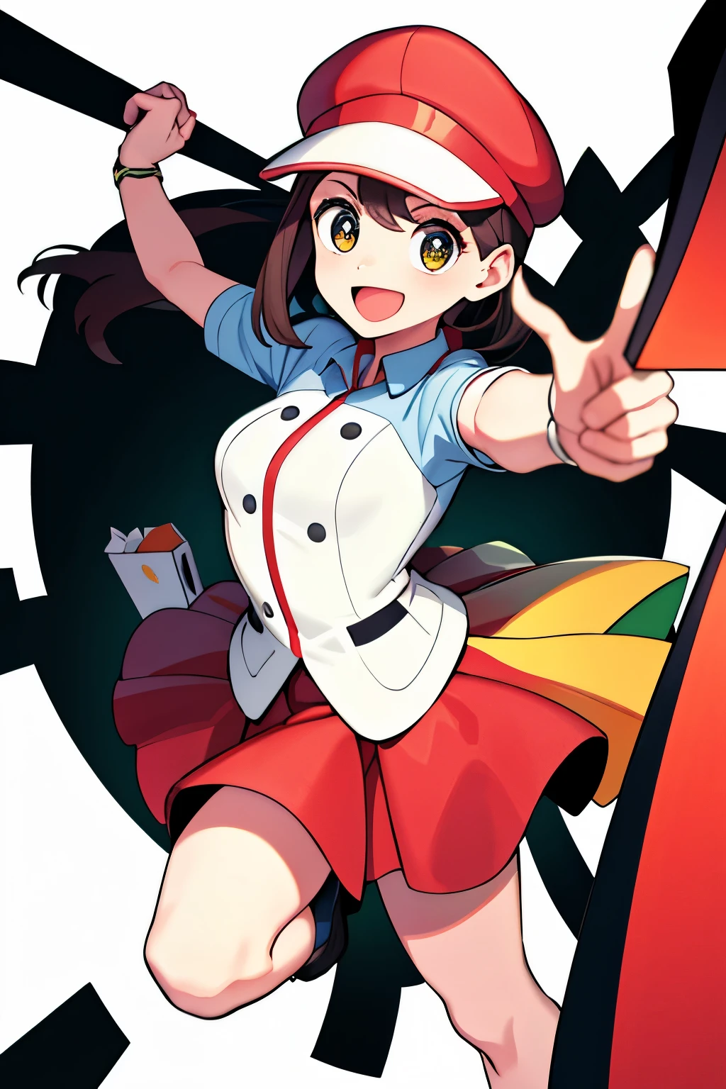 masterpiece, best quality, 8k resolution, RO1, Cartoon style, Slicker design, Delivery man character, In uniform, Yellow with red details, Cap on head, Cheerful expression, Detailed features, Holding a box, Exciting delivery pose, White background, Central subject with blurred edges