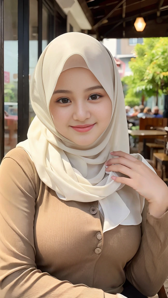 Selfie taken, See full body, luxury details, 8k, natural, realistic, amazing shots, ULTRA HD,
1 girl, 18 years old, smooth white face, white skin, smailing,  neat white teeth, big breasts, wearing a long white hijab covering the body, with decorations on the hijab, Muslim clothes for worship, beautiful face, beautiful black face, cute, curly eyelashes, beautiful eyes , sweet smile, sitting on the bed, Indonesian Muslim, realistic, atmosphere in the out door, in the cafe,