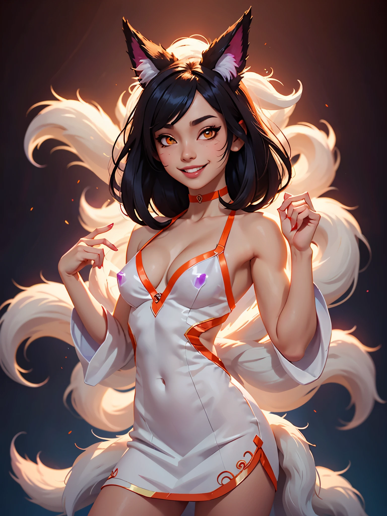 one white girl, ahri, bust, abs, (slender body, muscular:1.2), solo, upper body, yellow eyes, (cascade haircut:1.2), long hair, black hair, fox ears, choker, nsfw, white skin, (transparent clothes, transparent dress, very small breasts, very tiny breasts, small breasts, tiny breasts, male chest, cleavage:1.3), bare shoulders, masterpiece, highly detailed, look at viewer, expressing joy, shiny blured orange background, gradient sprayed background, smile, happy face, naughty grin, front view, gradient red purple background, blured background, glowing edges of image, (ears hidden:1.1)